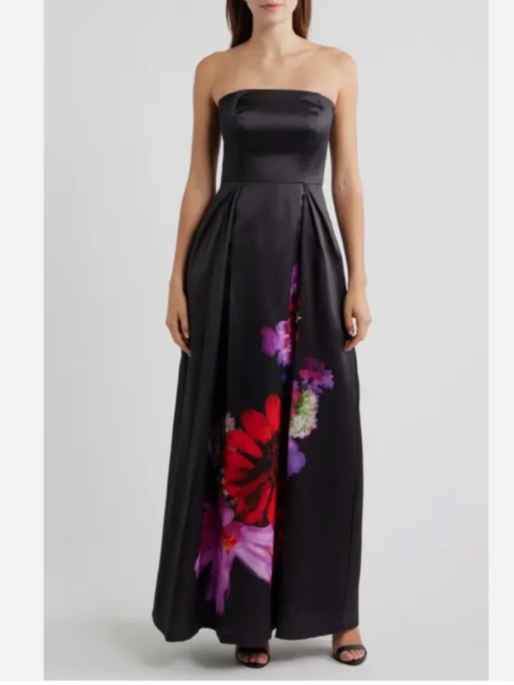 Eliza J. Strapless Black Satin Placed Floral Ball Gown Dress New 8